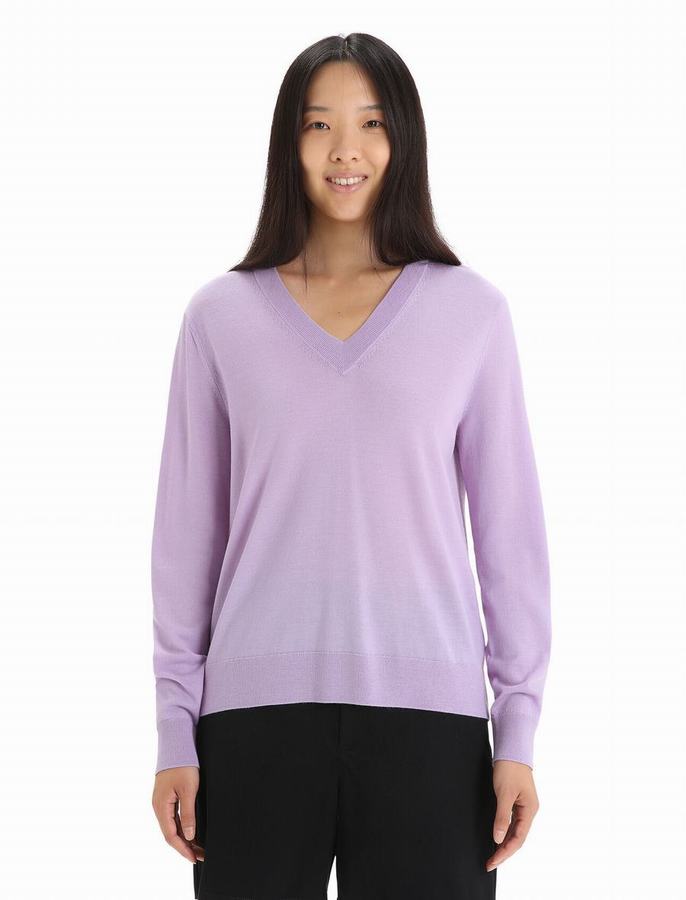 Icebreaker Merino Wilcox Long Sleeve V Neck Sweater Kadın Açık Mor | OCZ1390DR