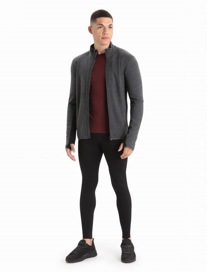 Icebreaker RealFleece™ Merino Descender Long Sleeve Zip Ceket Erkek Gri Siyah | QGV9515LQ